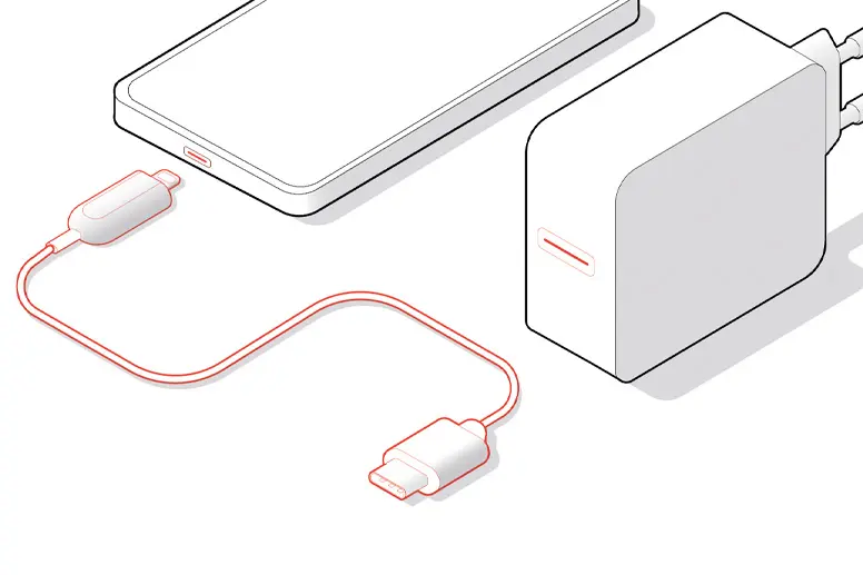 iPhone with a USB-C-to-Lightning cable and a Power Delivery charger with USB-C connector.