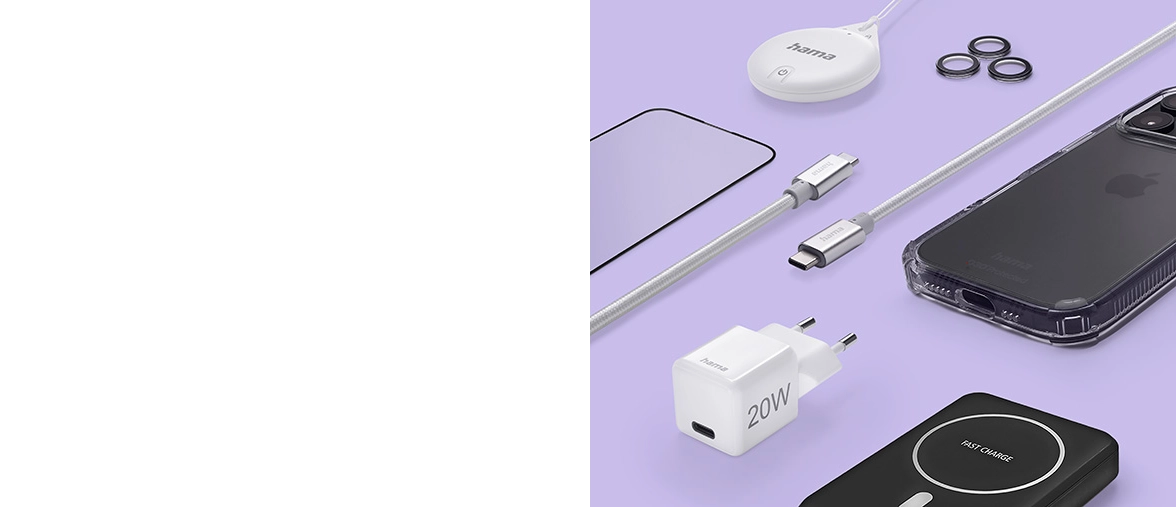 On a background surface in light purple, there are product release plates for the item finder, camera protection, smartphone cover, display protection glass, charging cable, quick charger and power pack.