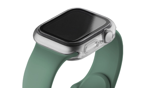 Detailed view of an Applewatch with green band and the Hama protective case for Apple Watch 7 / 8 / 9