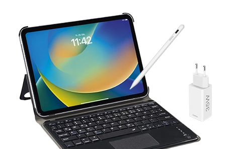 Hama tablet case ‘Premium’, cover with keyboard, Hama tablet pen ‘Scribble’ for Apple iPads, Hama quick charger + cable, 2x USB-C PD, QC, mini charger, 35 W, 1 m