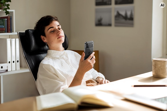 A person is sitting at a desk, checking their diary on their mobile phone.
