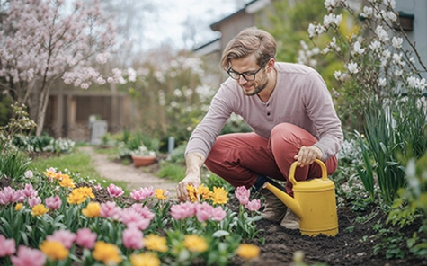 A man kneels in the garden by his flowerbed, holding a yellow watering can in one hand while he plucks a few flowers with the other