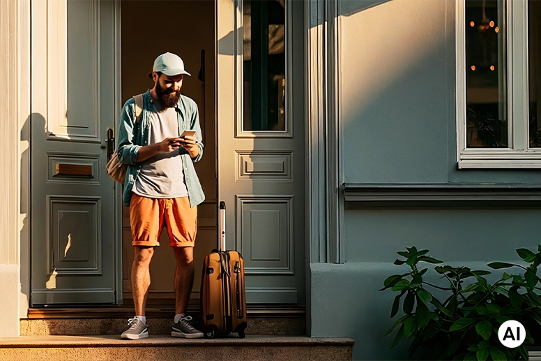 The picture shows a person standing in front of a house entrance. The person is looking at a smartphone and is holding a cup in their hand. A wheeled suitcase is standing next to them.