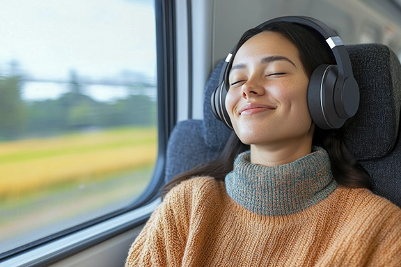 A woman sits on a train and enjoys her music in peace thanks to Active Noise Cancelling.