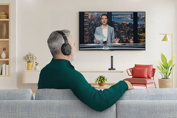 Person sits on the sofa and watches TV.