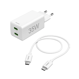 Hama Fast Charger + Cable, 2 x USB-C, PD / QC, Mini Charger, 35W, 1 m
