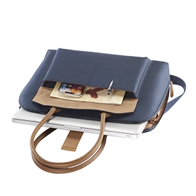 Hama "Fabulous" Laptop Bag, filled with laptop, notepad and smartphone, folds open.