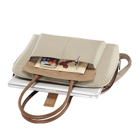 Hama "Fabulous" Laptop Bag, filled with laptop, notepad and smartphone, folds open.