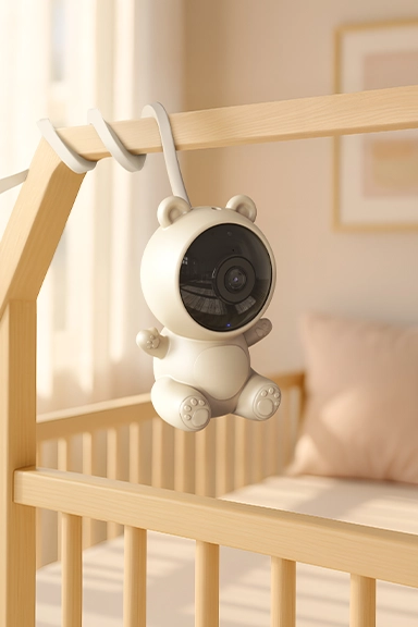 Kinderbett mit hohem Gestell, Kamera in Teddyform zentral, im Hintergrund Kissen.