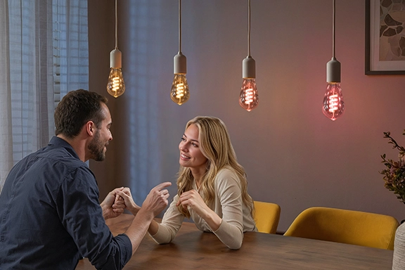 A couple sit at a wooden dining table and gaze into each other's eyes in love. Above them, the smart LED lamps from Hama provide a pleasant light.