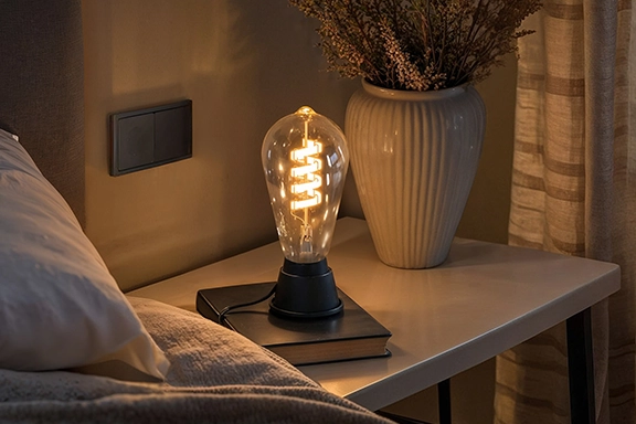 The smart Hama LED stands on a bedside table next to a bed and emits a pleasant warm white light.