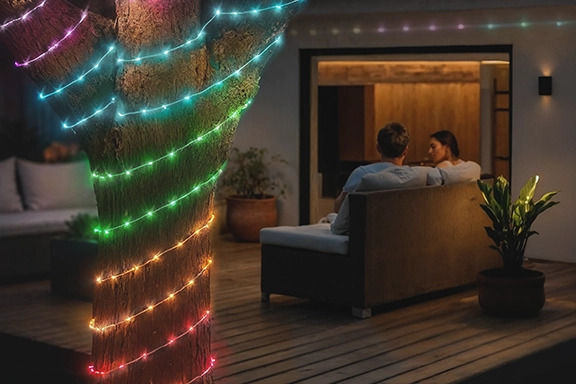 In the garden, the smart Hama LED light chain is wrapped around a tree trunk. In the background, a string of lights hangs along a house wall above the patio door. A couple is sitting on the sofa chatting.